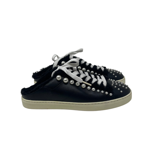 Stuart Weitzman Goldie Embellished Leather Backless Sneakers - Black - Size 7 - Picture 2 of 8